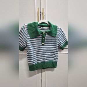 Zara Womens Knit Top Green and Pink Stripes Polo Top Size Small Stretchy